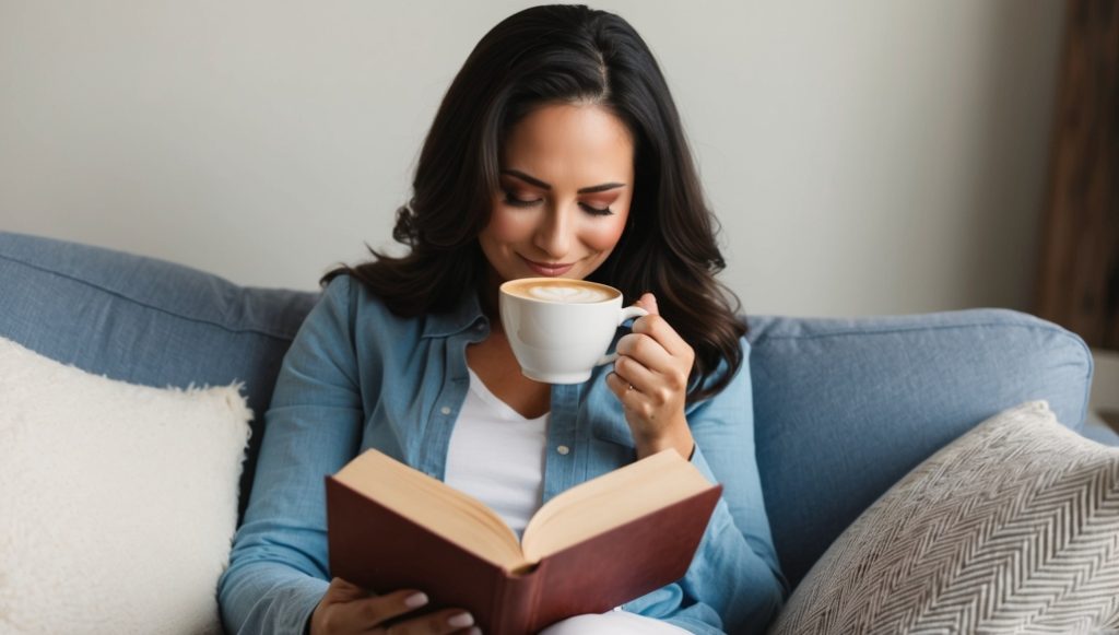 Woman-sitting-on-couch-drinking-coffee-reading-a-book