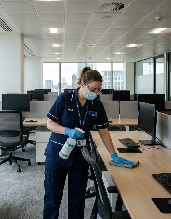 professional office cleaner disinfecting the work area
