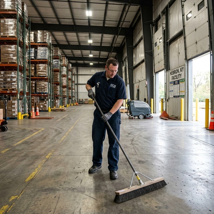 Warehouse cleaning in Northern Kentucky crew member sweeping a loading dock aisle