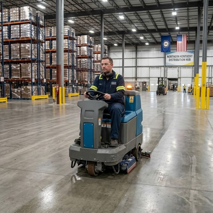 Industrial Cleaning in Northern KY crew running a ride-on floor scrubber in a distribution center
